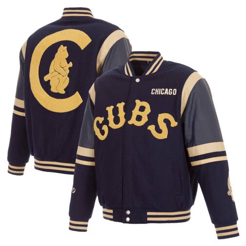 Chicago Cubs Embroidered Logo Varsity Navy Wool & Leather Jacket - Image 3