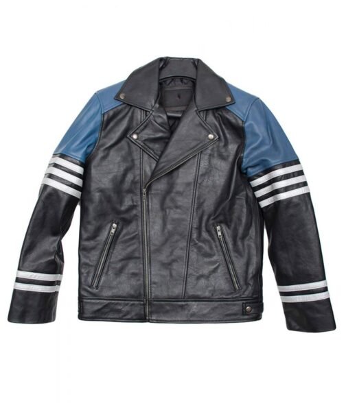 Men’s Classic Black and Blue Striped Leather Biker Jacket