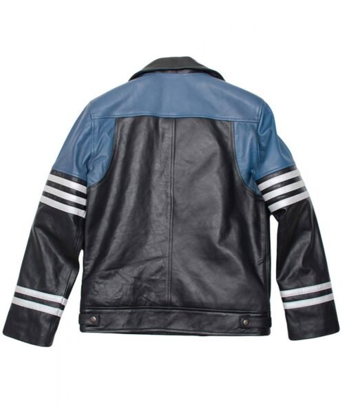 Men’s Classic Black and Blue Striped Leather Biker Jacket - Image 2