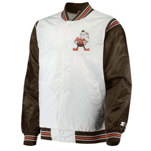 Cleveland Browns Historic Renegade White/Brown Satin Varsity Jacket - Image 3
