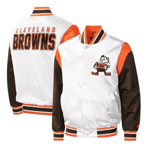 Cleveland Browns Throwback Pitch Varsity White and Brown Satin Jacket - Image 3