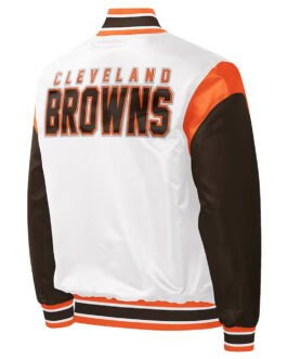 Cleveland Browns Throwback Pitch Varsity White and Brown Satin Jacket
