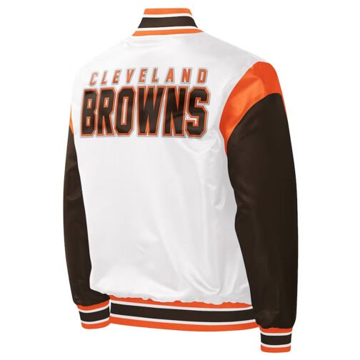 Cleveland Browns Throwback Pitch Varsity White and Brown Satin Jacket - Image 2
