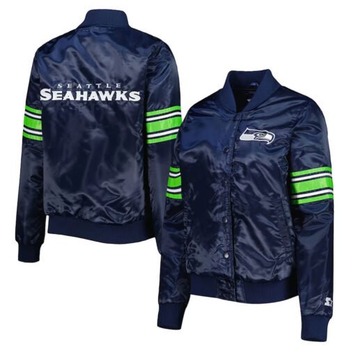 College Navy Seattle Seahawks Line Up Varsity Satin Jacket - Image 3