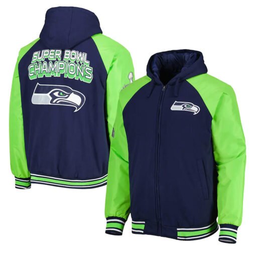 Seattle Seahawks College Defender Navy Hooded Varsity Jacket - Image 3