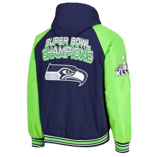 Seattle Seahawks College Defender Navy Hooded Varsity Jacket - Image 2