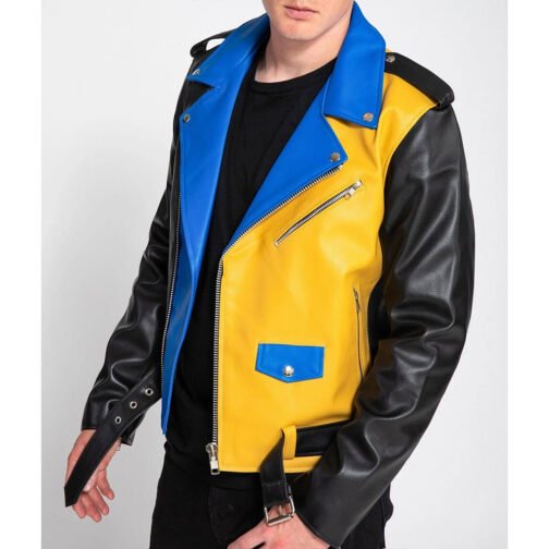 Men’s Color Block Biker Leather Jacket - Image 3