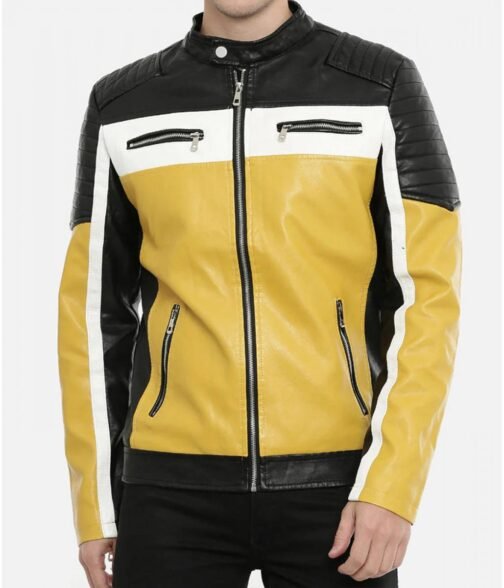 Men’s Color Block Quilted Leather Motorcycle Jacket