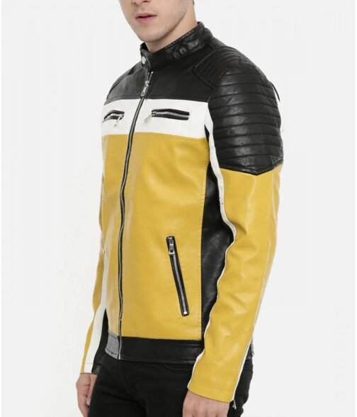 Men’s Color Block Quilted Leather Motorcycle Jacket - Image 4