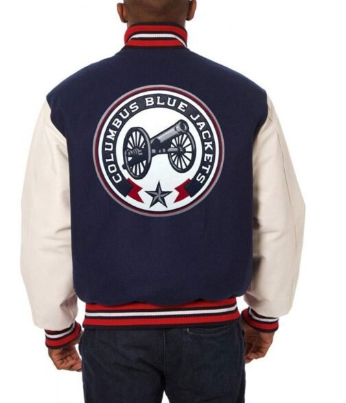 Columbus Blue Jackets White Leather and Wool Blue Jacket - Image 2