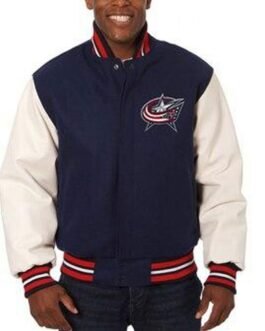 Columbus Blue Jackets White Leather and Wool Blue Jacket