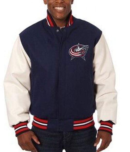 Columbus Blue Jackets White Leather and Wool Blue Jacket