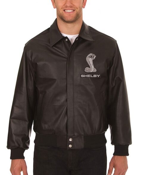 Corvette Embroidered Shirt Collar Black Leather Jacket