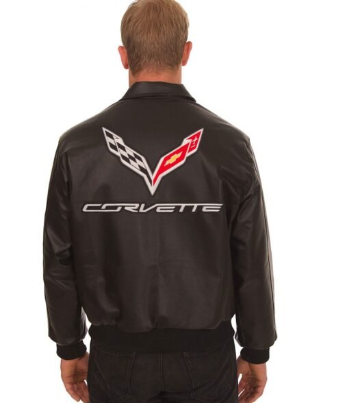 Corvette Embroidered Shirt Collar Black Leather Jacket - Image 2