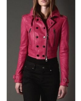 Women’s Cropped Fuchsia Pink Leather Biker Jacket