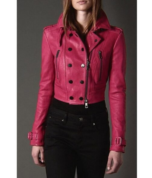 Women’s Cropped Fuchsia Pink Leather Biker Jacket
