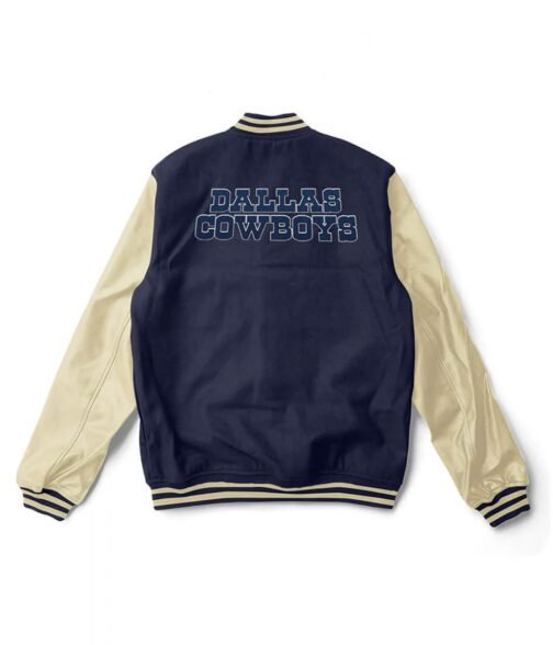 Cream and Navy Blue Dallas Cowboys Varsity Jacket - Image 2