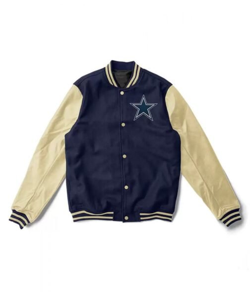 Cream and Navy Blue Dallas Cowboys Varsity Jacket