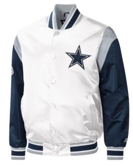 Warm-Up Pitch Dallas Cowboys White and Blue Varsity Satin Jacket
