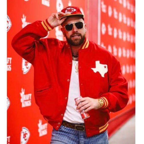 Travis Kelce Dallas Texans Red Varsity Wool Jacket - Image 4