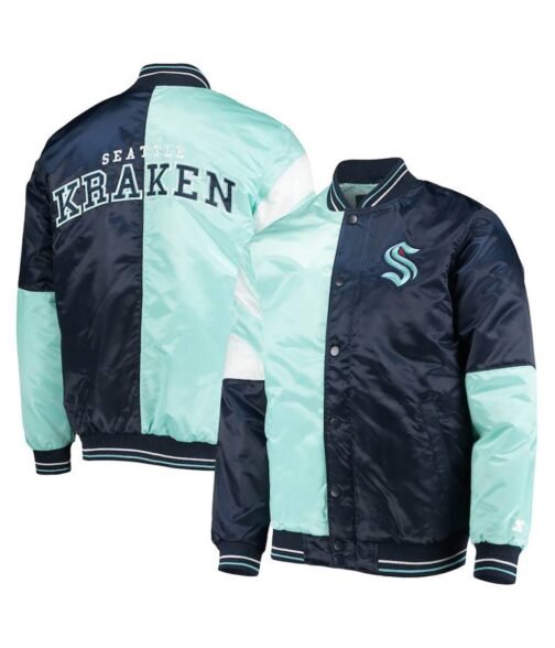 Deep Seattle Kraken The Leader Navy Blue and Light Blue Satin Jacket - Image 4