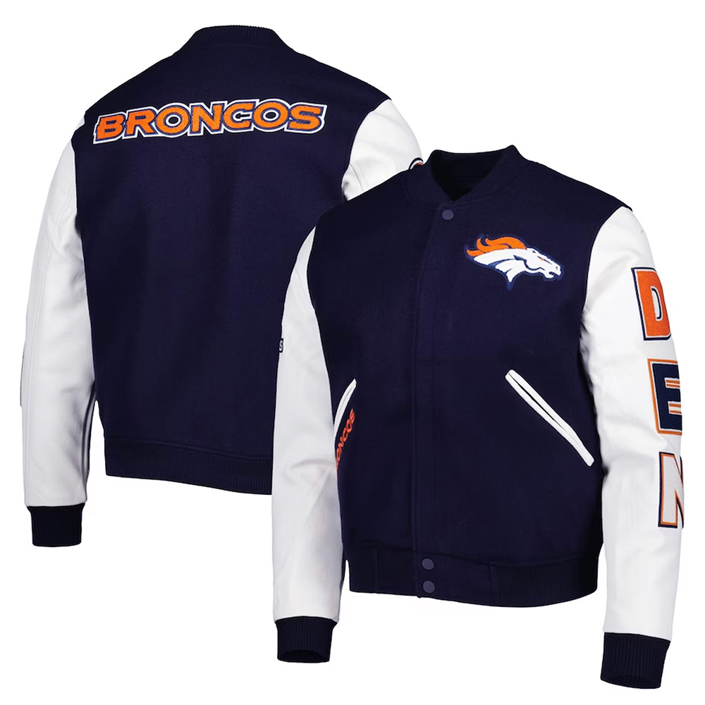 Denver Broncos Logo Navy and White Varsity Jacket - Image 3