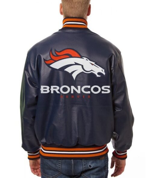 Varsity Denver Broncos Navy Blue Leather Jacket - Image 2