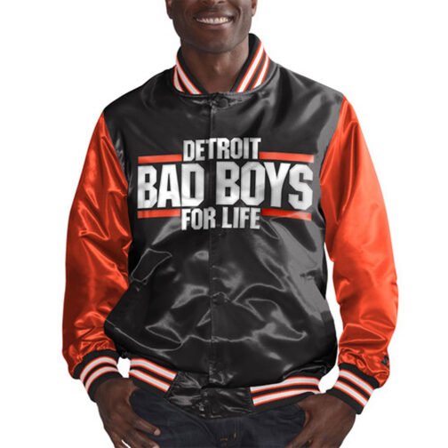 Detroit Bad Boys Black and Orange Varsity Satin Jacket