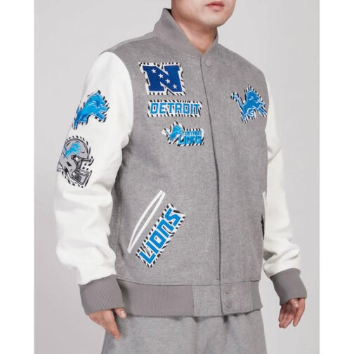 Detroit Lions Animal Patches Gray Varsity Jacket - Image 4