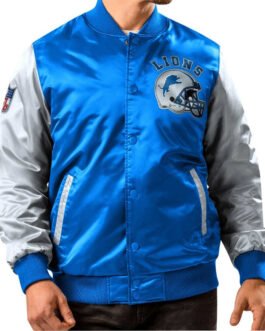 Detroit Lions Blue and Gray Varsity Satin Jacket