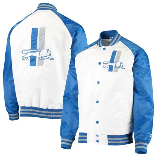White/Blue Detroit Lions Clean Up Throwback Satin Jacket - Image 3