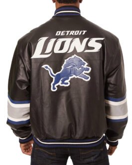 Detroit Lions Striped Varsity Black Leather Jacket