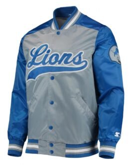 Detroit Lions The Tradition II Grey and Blue Varsity Satin Jacket