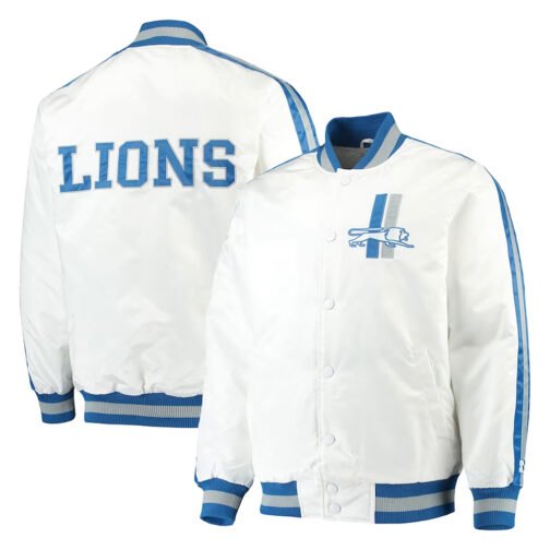 White Detroit Lions Throwback D-Line Satin Jacket - Image 3