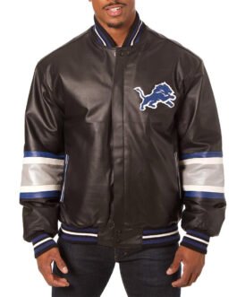 Detroit Lions Striped Varsity Black Leather Jacket