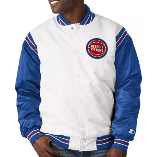 White/Blue Detroit Pistons Renegade Varsity Satin Jacket - Image 3