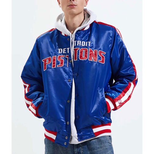Detroit Pistons Striped Varsity Blue Satin Jacket - Image 3