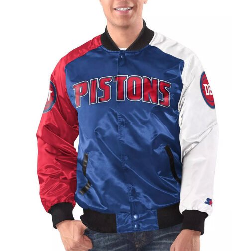 Detroit Pistons Tricolor Remix Varsity Satin Jacket - Image 3