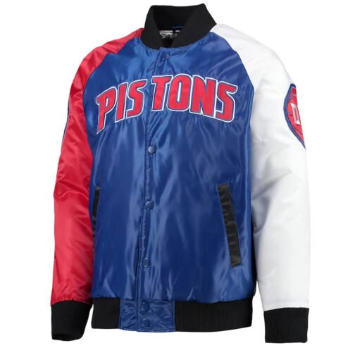 Detroit Pistons Tricolor Remix Varsity Satin Jacket