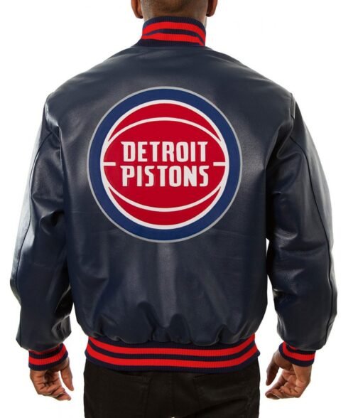 Varsity Detroit Pistons Navy Blue Leather Jacket - Image 2