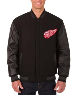 Detroit Red Wings Two Hit Varsity Wool & Leather Black Jacket