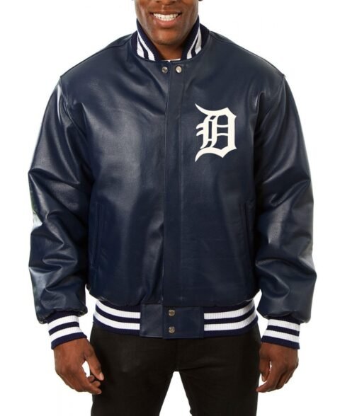 Varsity Detroit Tigers Navy Blue Leather Jacket