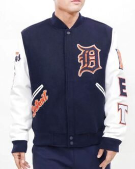 Detroit Tigers Navy Blue and White Letterman Jacket