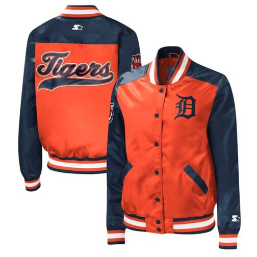 Detroit Tigers Orange and Navy Blue Satin Full-Snap Jacket - Image 3