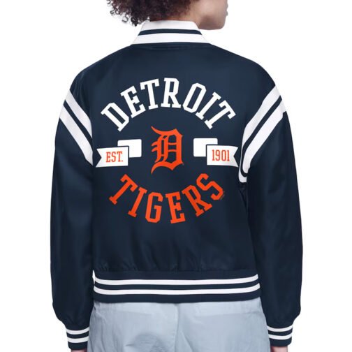 Detroit Tigers Printed Logo Navy Varsity Satin Jacket - Image 3