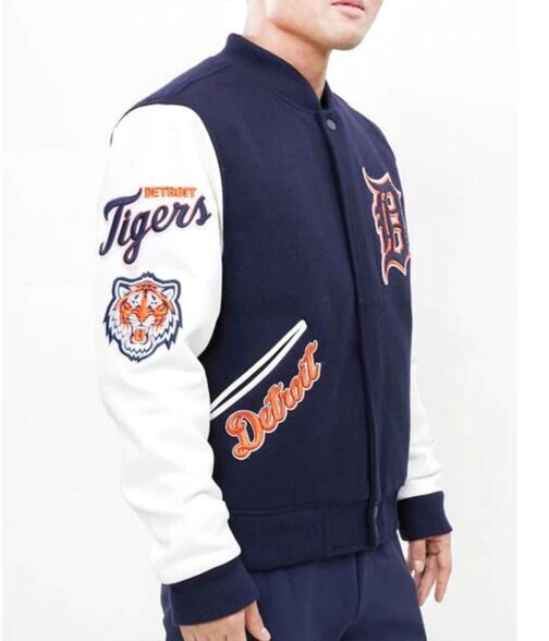Detroit Tigers Navy Blue and White Letterman Jacket - Image 3
