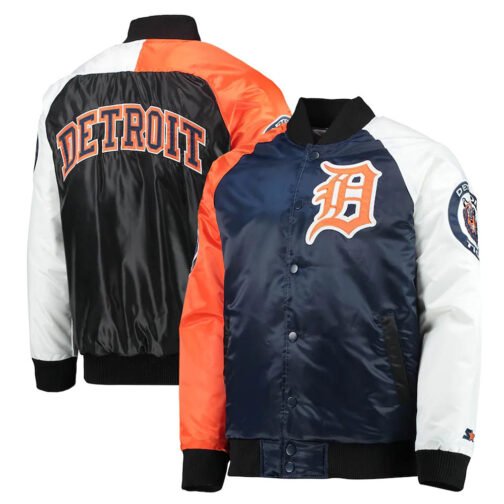 Detroit Tigers Tri-Color Navy Blue/Orange Varsity Satin Jacket - Image 3