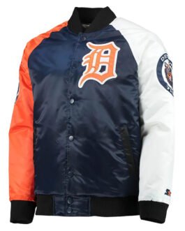 Detroit Tigers Tri-Color Navy Blue/Orange Varsity Satin Jacket
