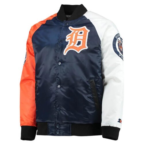 Detroit Tigers Tri-Color Navy Blue/Orange Varsity Satin Jacket