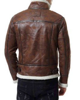 Men’s Biker Shearling Bomber Distressed Brown Leather Jacket